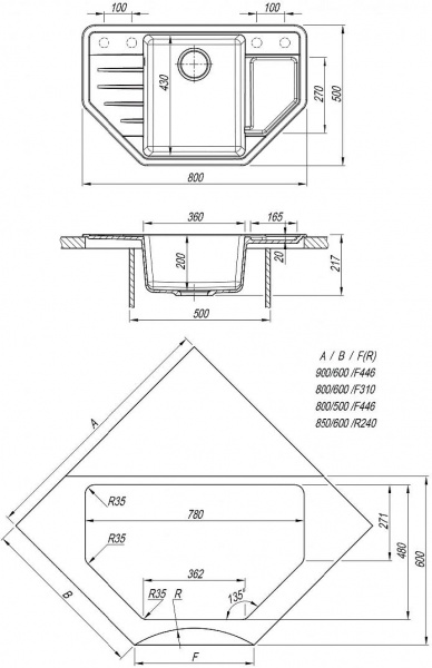 Мойка кухонная из литьевого мрамора Dr. Gans РИО 25.080.C0800.408 80*50 см. серый