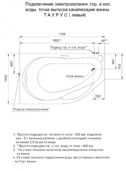 Ванна акриловая Aquatek ТАУРУС  170x100 см. левая 