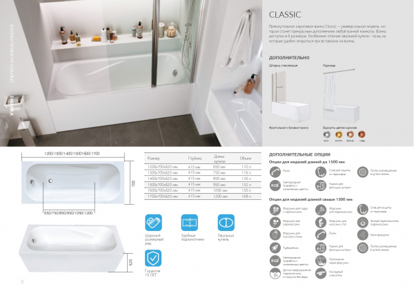 Ванна акриловая 1Marka CLASSIC 01кл1570 А 150x70 см. 